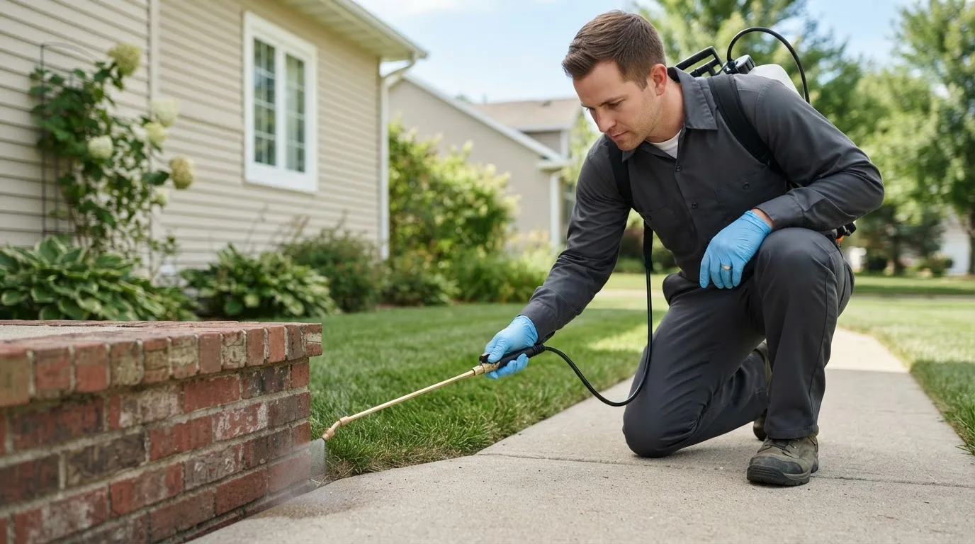 Pest control technician treating a home near Buies Creek, NC